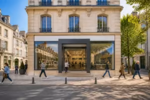 Facade de banque moderne dans une rue francaise