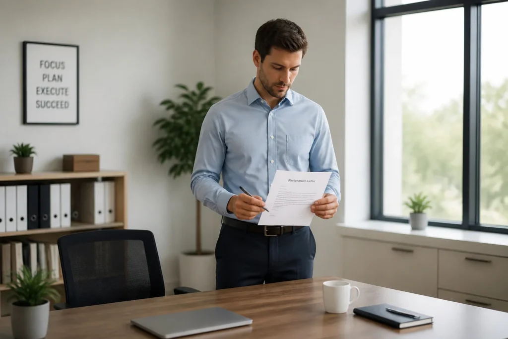 Homme daffaires signant sa lettre de demission
