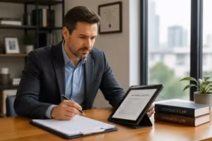 Homme daffaires consultant des documents juridiques