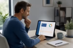 Homme reflechissant a ses finances numeriques