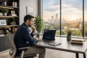 Homme daffaires contemplant sa croissance financiere