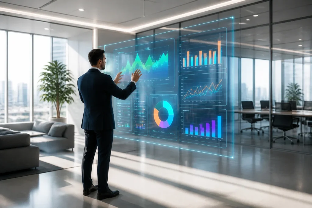 Professionnel analysant des donnees holographiques