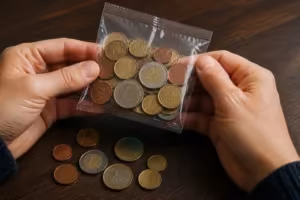 Pieces en euros dans un sachet transparent